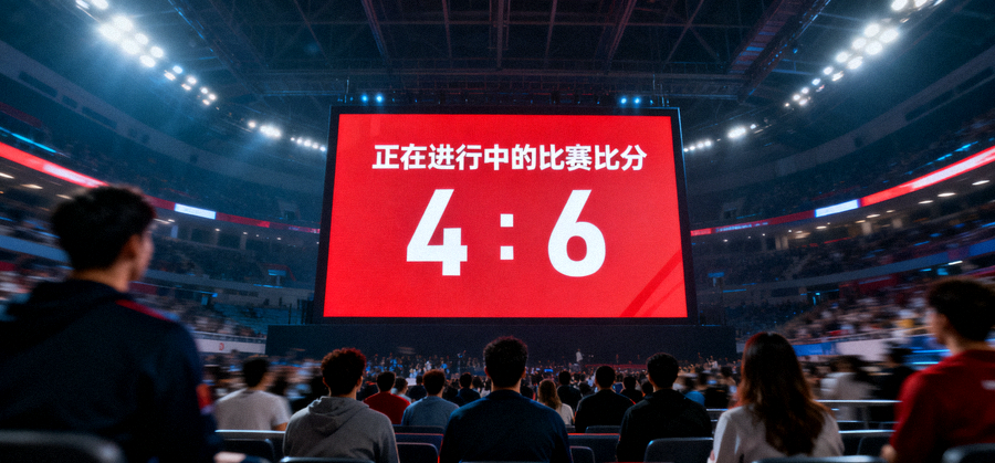 体育场馆内的大屏幕比分牌显示正在进行中的比赛比分